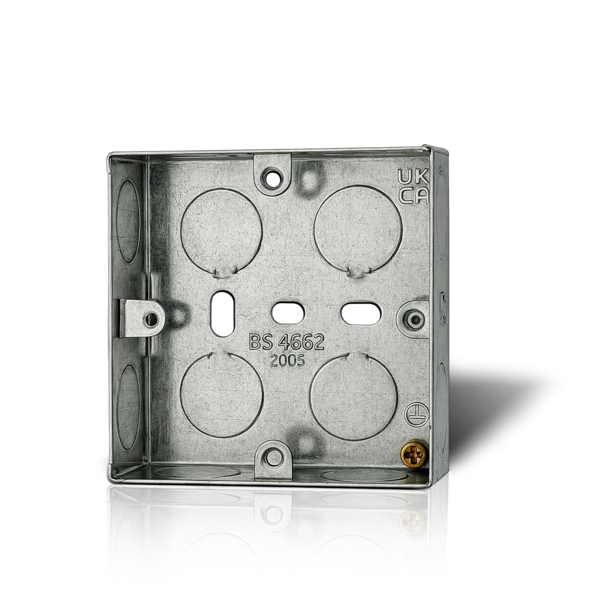 LampStation Metal Back Box | 1 Gang 25mm | Galvanised Steel Pattress Box for Electrical Sockets & Switches | Knockouts, Adjustable Lugs, Brass Earth Terminal | BS 4662 | 1 Pack
