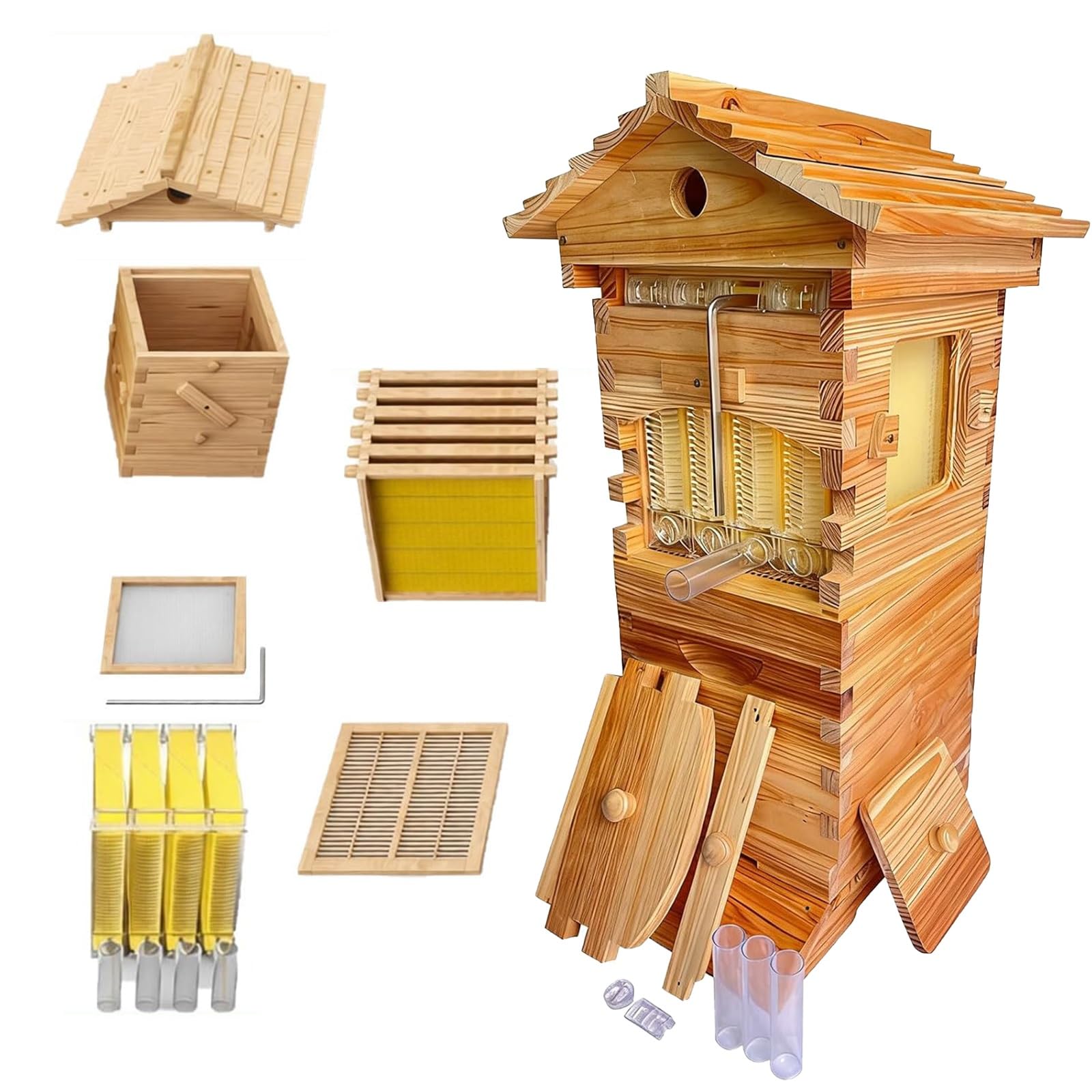 Mini Kit per Apicoltura in Legno, Arnia a Flusso Automatico, PUò Contenere Fino a 6000 Api, Sist-ema Di Flusso Del Miele Automatizzato, Basta Girare Delicatamente Chiave E Il Miele Uscirà Naturalmente