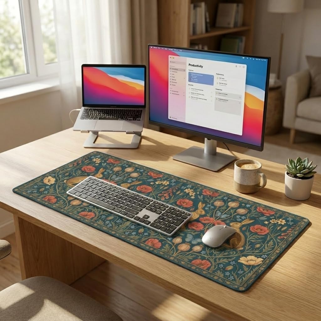 CONCISE Large Desk Mat 35.4x15.7, Dark Green Golden Hare Floral Mouse Pad image 3