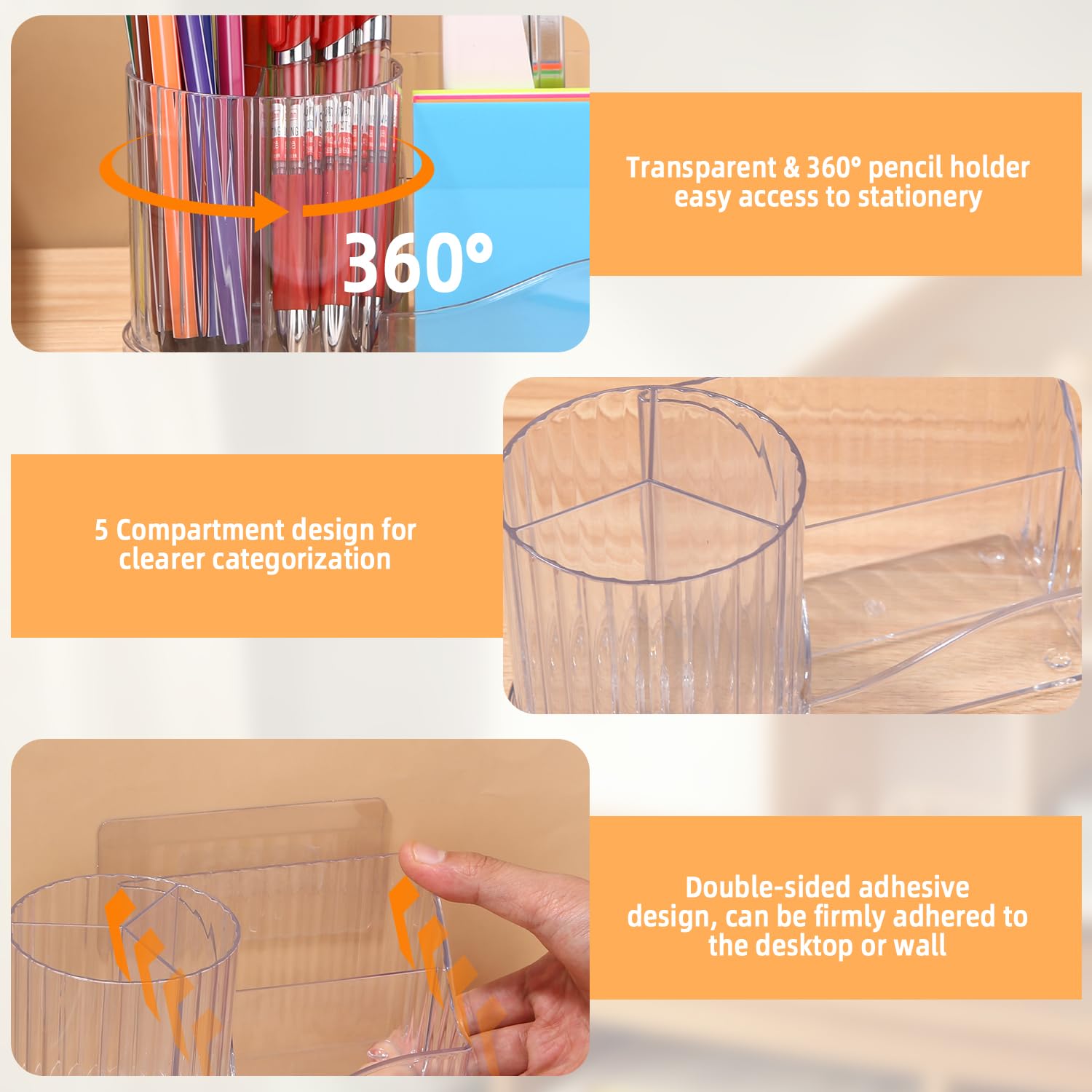 Portapenne Girevole 360&deg; - Organizer Da Scrivania Con 5 Scomparti Trasparente