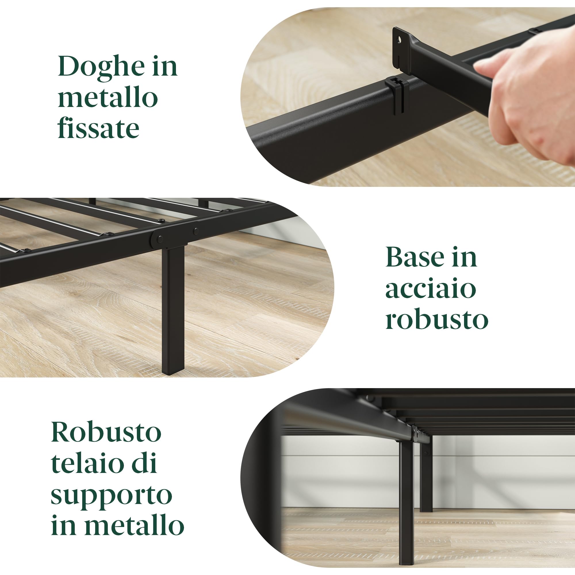 Zinus Florence Rete Matrimoniale 160x190 cm con Testiera in Metallo - Struttura Letto con Doghe Incluse - Altezza 35 cm con Spazio Sottostante - Facile da Montare - Nero