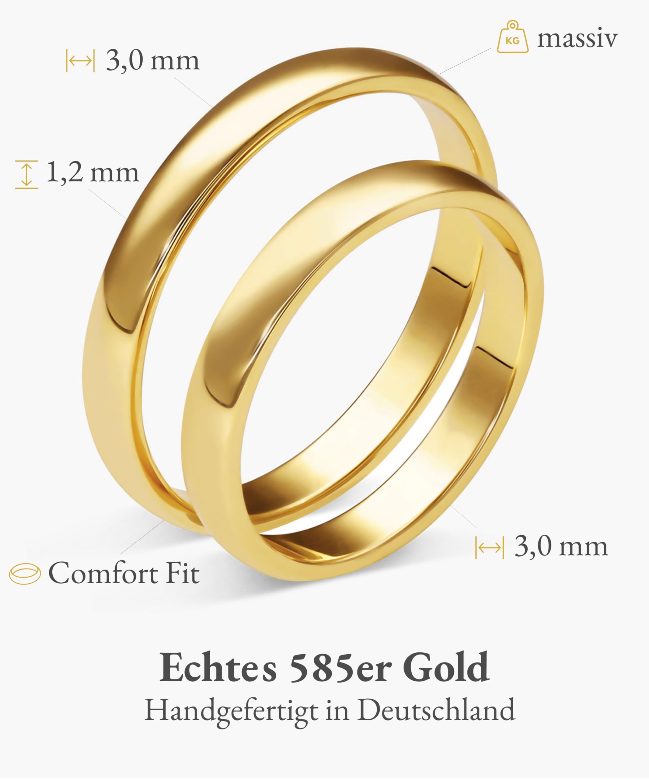 mosa & co. - Trauringe Gold 585 mit 3 mm Breite im Paarpreis für Sie und Ihn inkl. Gravur - Modell Classic - Vollmassive Echtgold 14k Eheringe Hochzeitsringe Verlobungsringe Partnerringe
