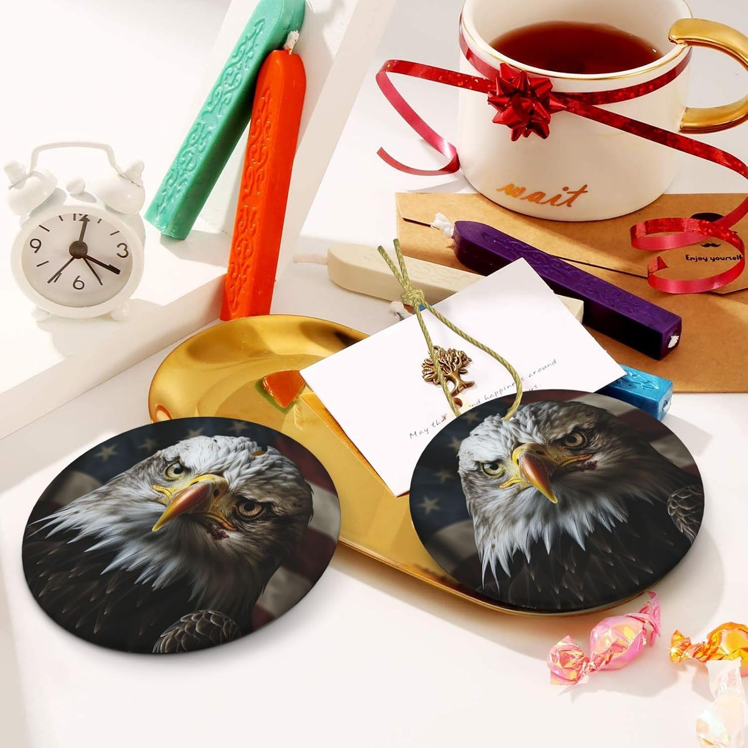 Christmas Ornaments Ceramic Round Christmas Hanging Ornament Double-Sided Eagle Flag Print Christmas Tree Pendants for Fireplace Party Holiday Wedding Xmas Decoration Gift