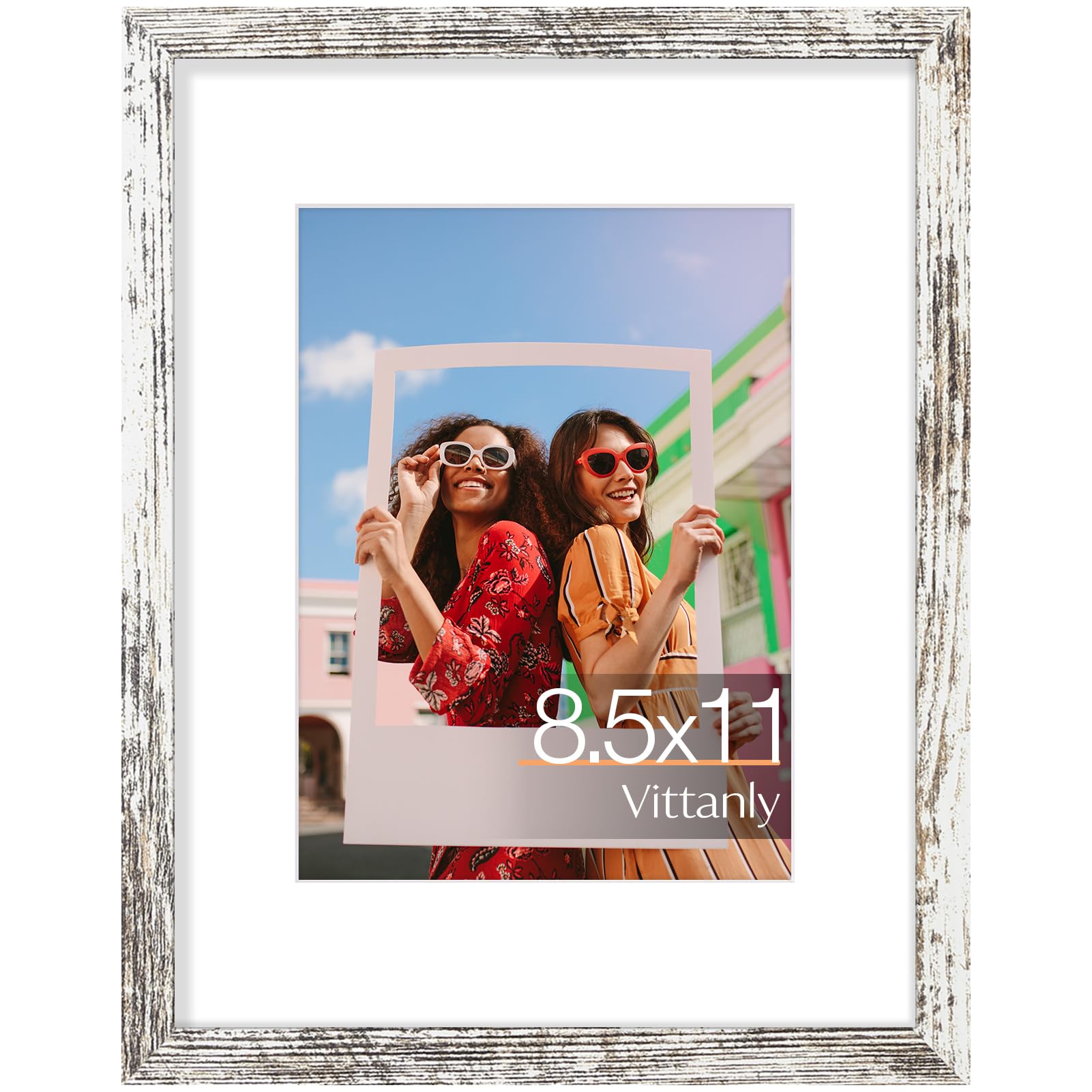 Vittanly Diploma Frame, Material with Shatter Resistant Plexiglass, Display Pictures 6x8 with Mat or 8.5x11 without Mat, 8.5x11 Picture Frame for Wall or Table Top Display, Distressed White, 1 Pack