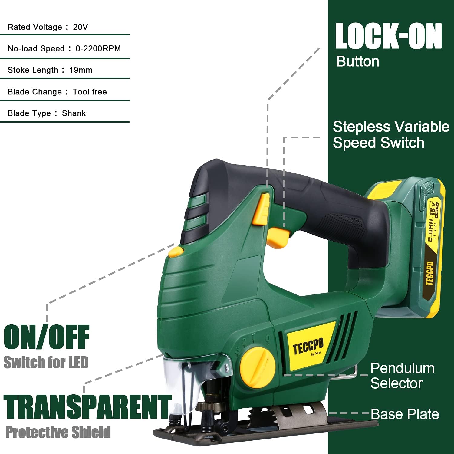 Bіg Sаlе TECCPO Cordless Jigsaw, 20V MAX 2.0Ah Jig Saw with Battery and Charger, 0-2,200SPM Adjustable Speed, -45deg~ 45deg Bevel Cutting, 1H Fast Charger, 6Pcs Blades for Wood,Metal and Plastic Cuts - MTW500B