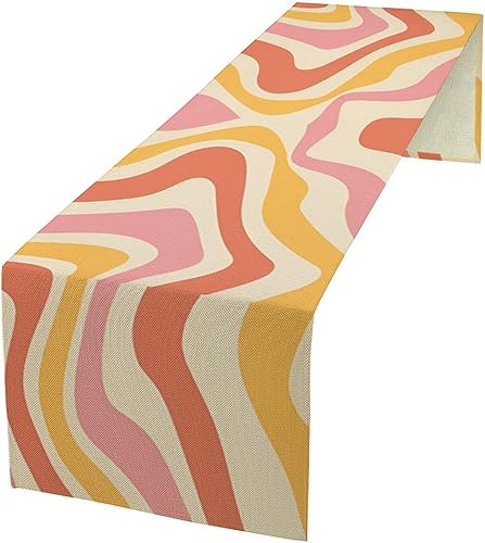 Miniatura 27 de Camino de mesa floral de margaritas, flores amarillas retro de los años 70, ondas abstractas, estilo hippie, moderno, camino de mesa para cocina,