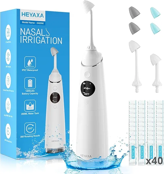 HEYAXA Nasal Irrigation System, Electric Sinus Cleaner Neti Pot Machine with 6 Tips,4 Modes for Sinus Rinse, Nasal Irrigator with 40 Nasal Saline Packets (1 Pack)