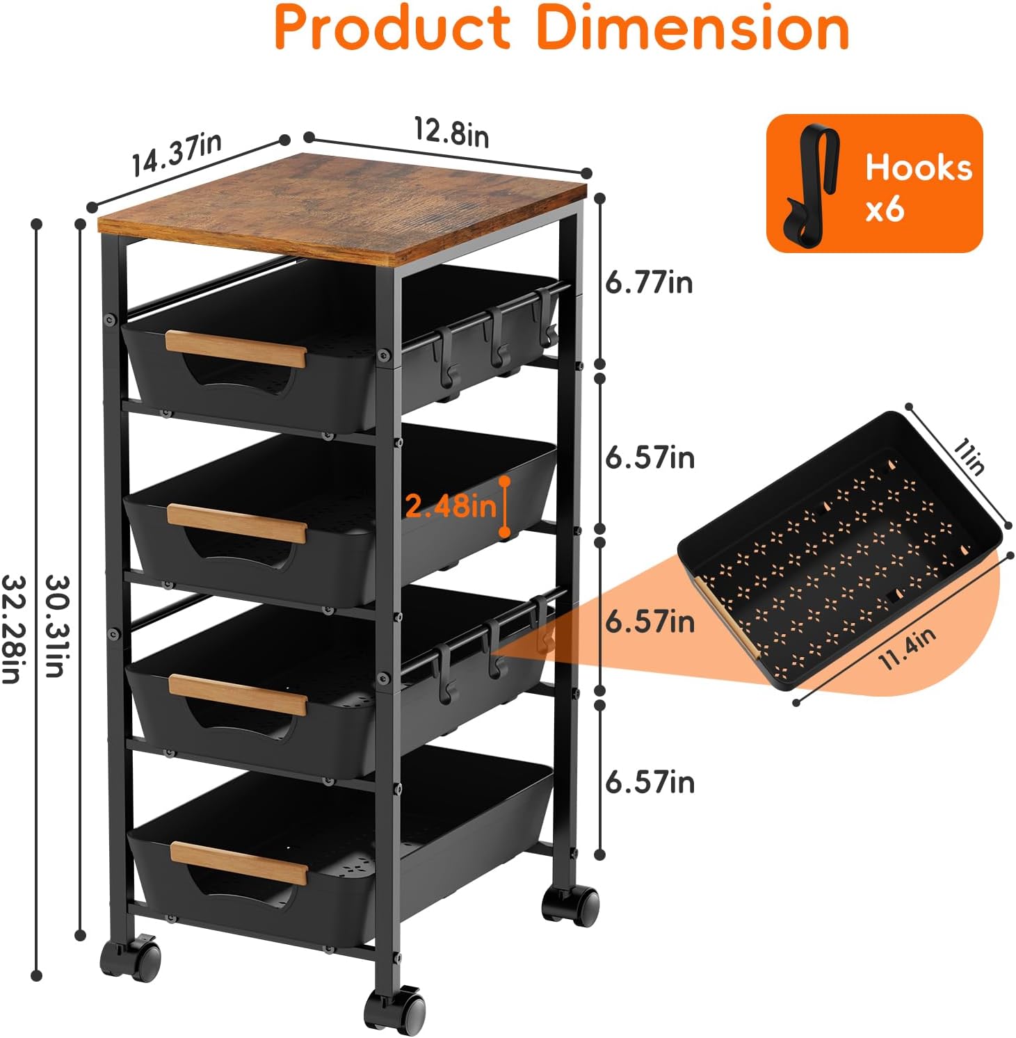 5-Tier Kitchen Storage Cart, Wood Top Rolling Cart Organizer with Pull-Out Baskets & Wheels, Metal Snack Cart with Holder for Fruit, Vegetable, Microwave, Kitchen, Pantry, Black