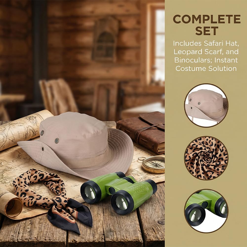 FCXVXCL 3 PCS Safari Costume Accessories Set, Explorer Zoo Keeper Costume, Safari Sun Hat, with Leopard Print Scarf Green Binoculars for Women Dress Up, Safaris Outfit Accessories for Cosplay Party - Image 4