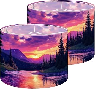 Lamp Shades Set of 2 Mountain Sunset Nature Scenery Colorful Forest Landscape Paintings Drum Lampshades 8.9"x11"x11" for Table Lamps Floor Lamps Pendant Light Replacement Lamp Shade Easy Assembly