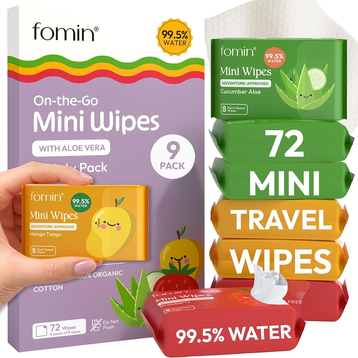 Fomin Mini Water Wipes - Variety Pack - 72 Count Travel Size Pack | 99.5% Purified Water Wet Wipes for Adults & Kids - Plant-Based & Biodegradable - Small Packs for Bags, Purses and Pockets