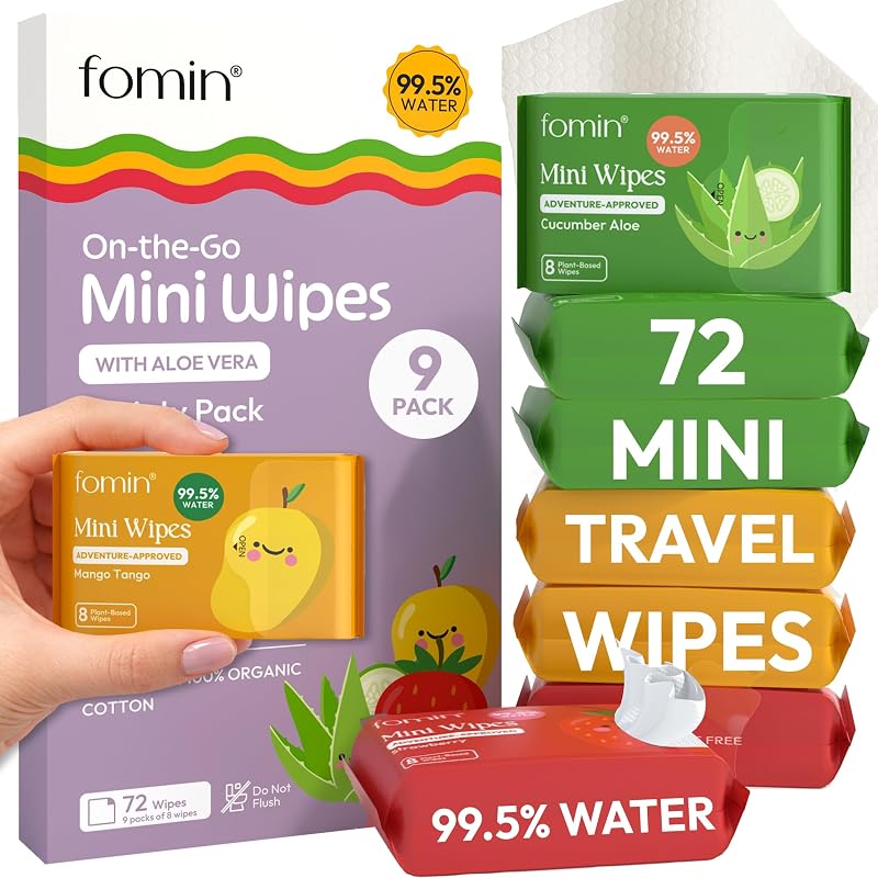 Fomin Mini Water Wipes - Variety Pack - 72 Count Travel Size Pack | 99.5% Purified Water Wet Wipes for Adults & Kids - Plant-Based & Biodegradable - Small Packs for Bags, Purses and Pockets