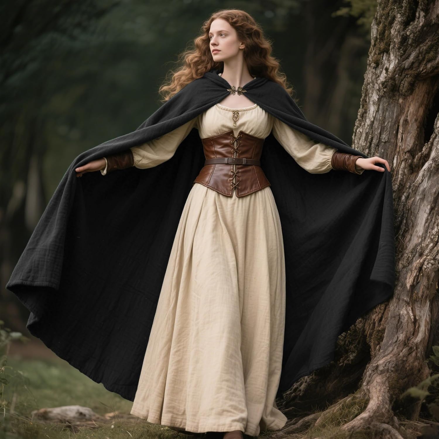 L'VOW Medieval Hooded Cloak Renaissance Cape with Hood Halloween Sorcerer Cosplay Hobbit Costume - Image 5