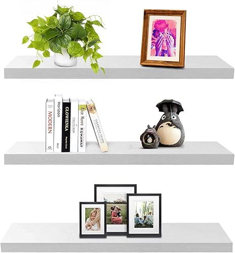 SAUMONIERES Estantes flotantes de pared para dormitorio, baño, estante de madera maciza de 24 pulgadas, juego de 3, color blanco