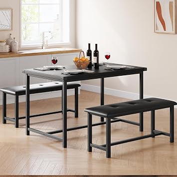 Dining Table Set for 4, Kitchen Table with 2 Upholstered Benches, Rectangular Dining Room Table Set, 3 Piece Kitchen Table Set for Small Space, Apartment, Studio, Home, Rustic Black