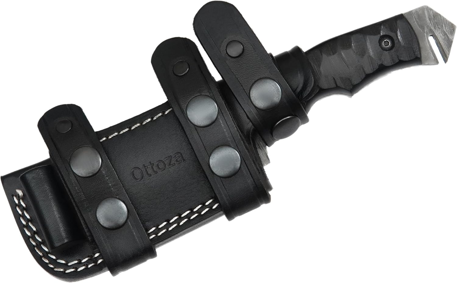 Ottoza Tanto Tactical Knife with Fixed Blade and Horizontal Carry Leather Sheath - Compact EDC Military Knife - Black Micarta Handle 378