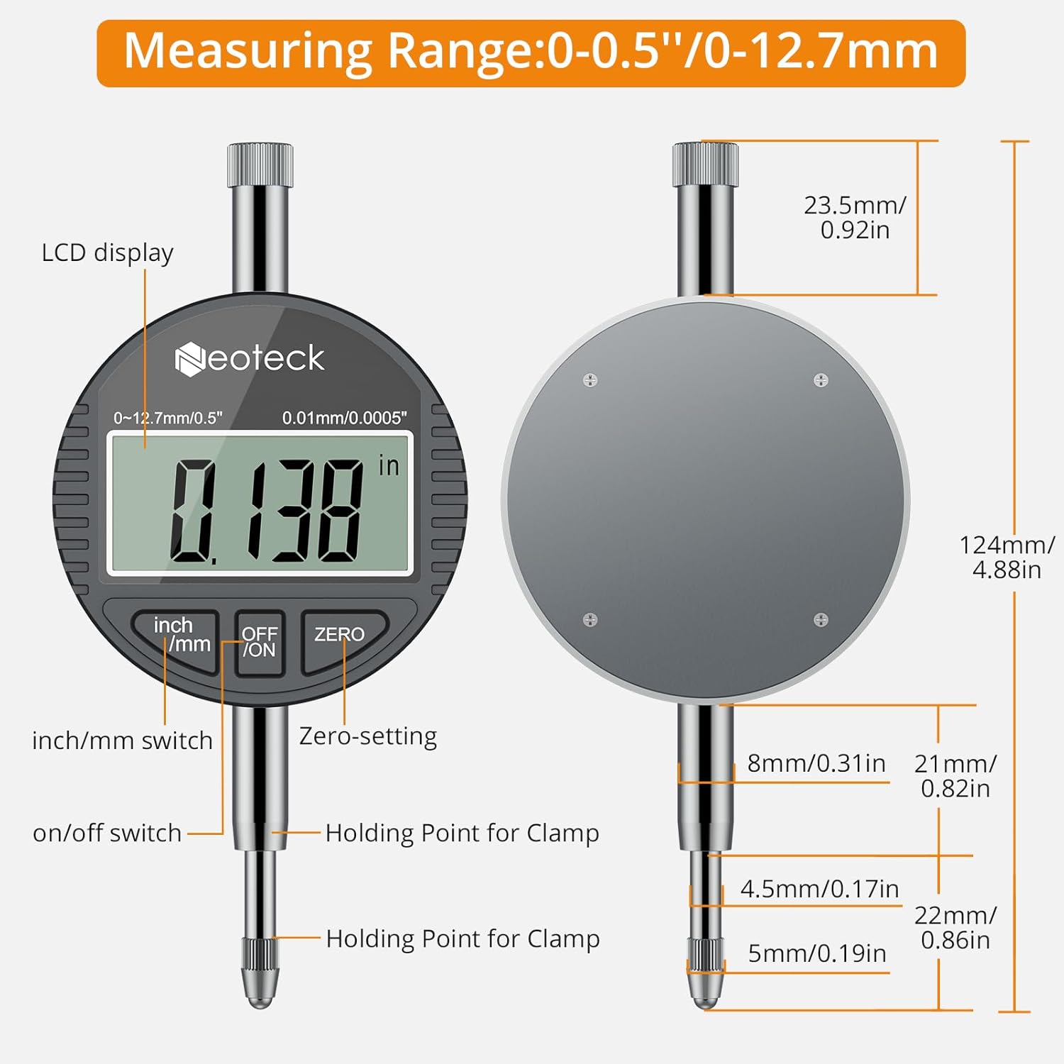 Diagram of the Neoteck digital indicator with labels for its display, buttons, and dimensions.