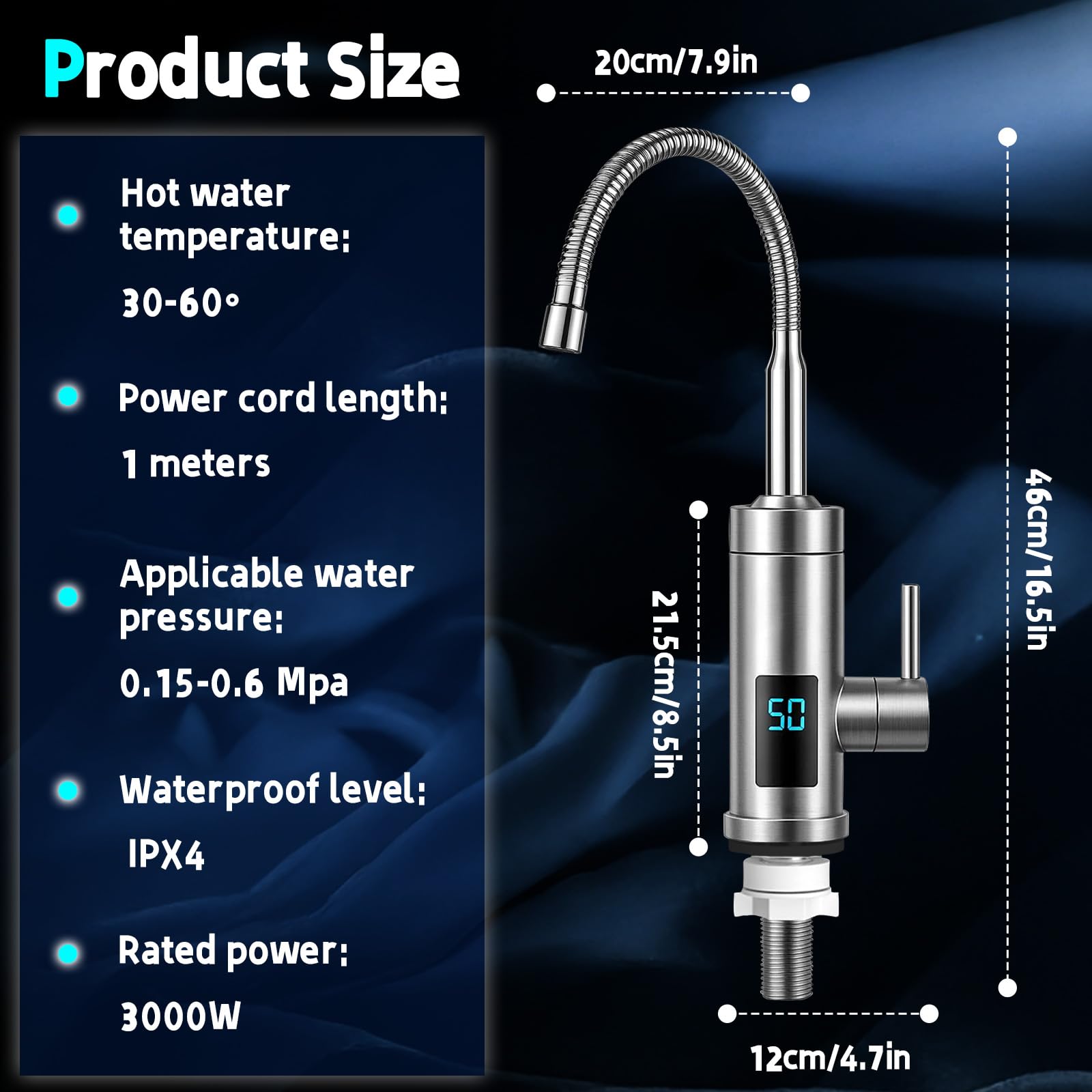 Elektrischer Wasserhahn mit Durchlauferhitzer, 220V 3000W Warmwasserhahn Küchenarmatur Smart Heater Wasserboiler für Küche, Garten, Bad, Wohwagen, Camping