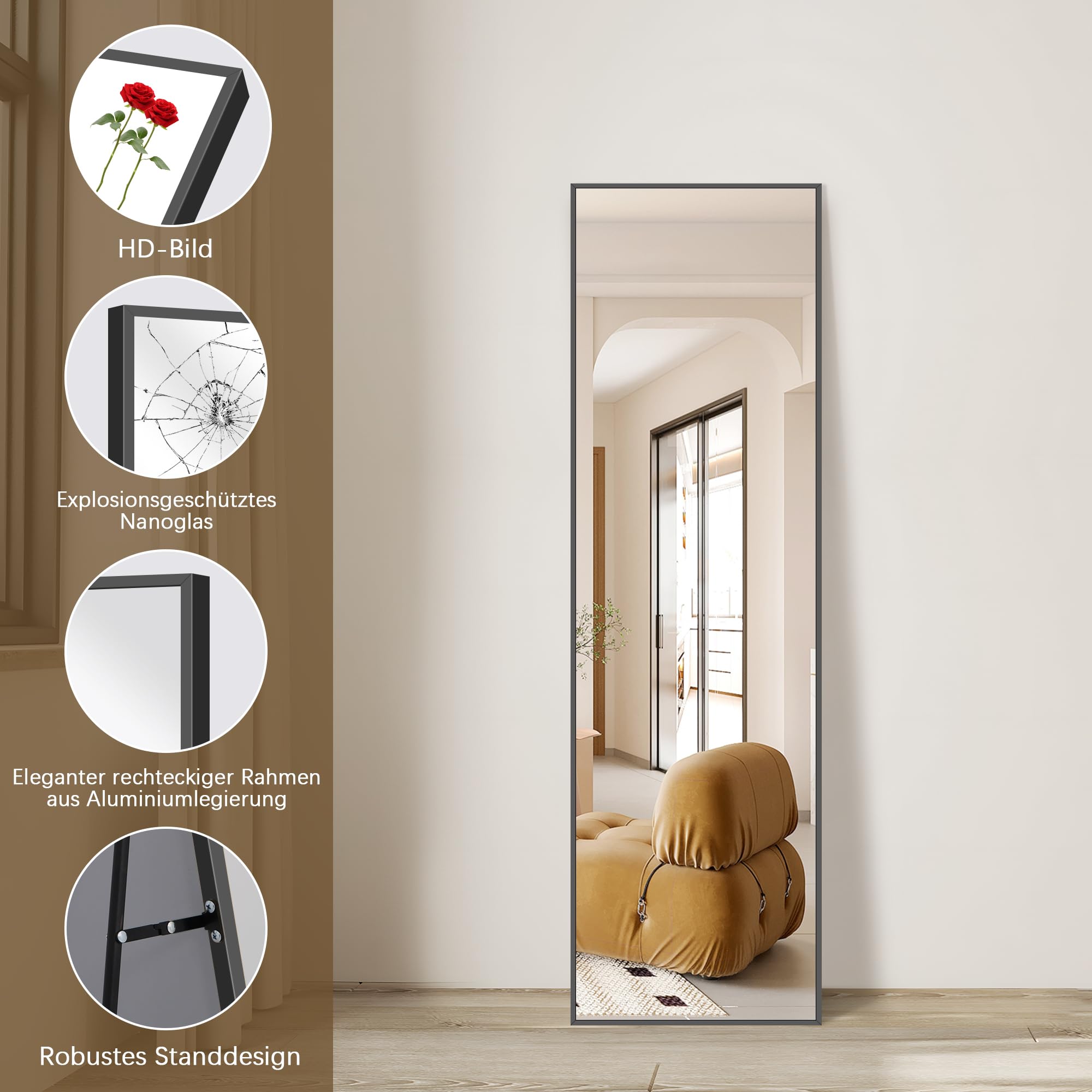 Weare Home Ganzkörperspiegel, 150 x 40 cm Standspiegel, Schwarzer Metallrahmen Boden Länge Spiegel, Stehend, Wand montiert, lehnend, Bodenspiegel für Schlafzimmer, Wohnzimmer, Ankleidezimmer