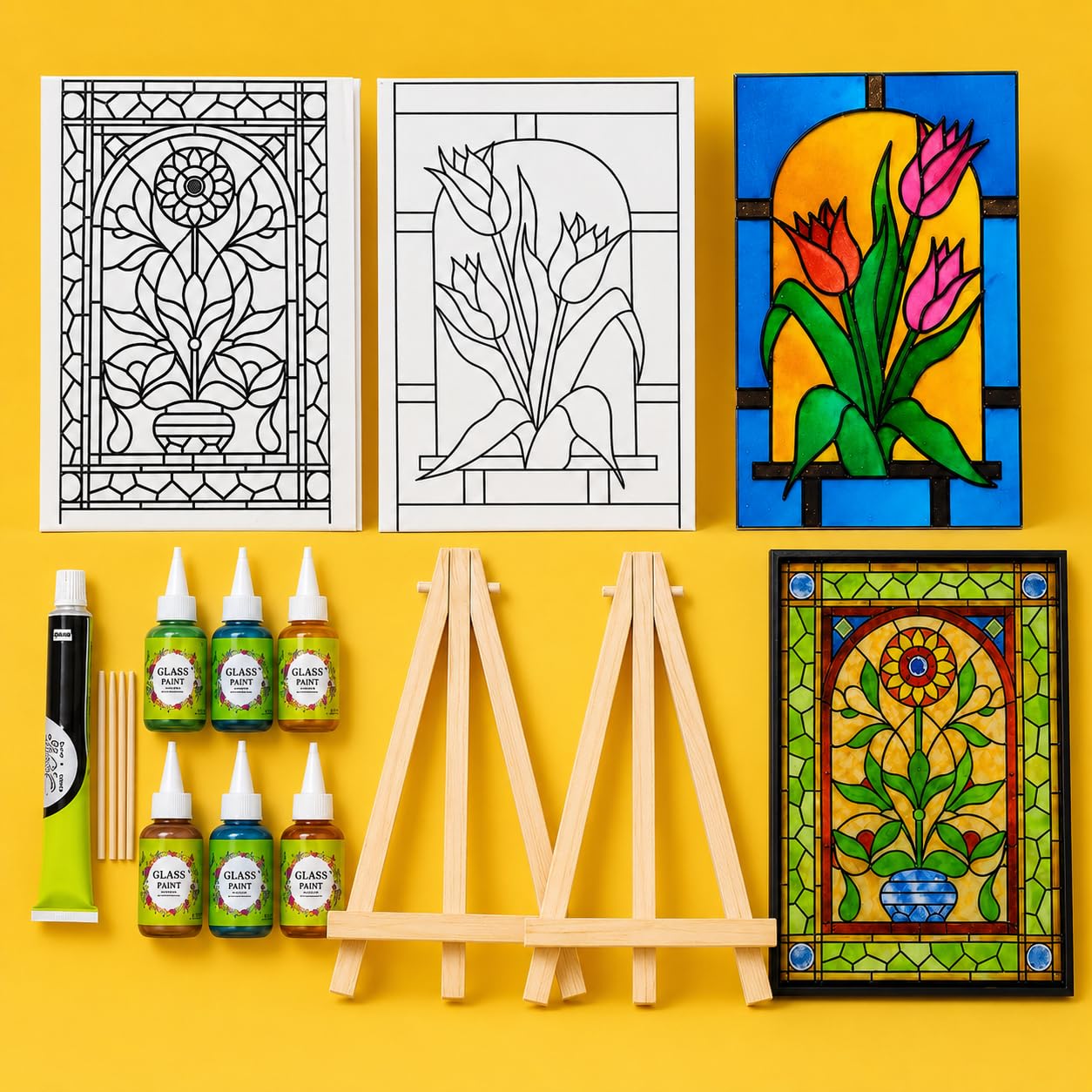 The brown box Glass Painting Kit for Adults & Teens | DIY Stained Glass Art Craft Kit with 2 Printed Designs, Fevicryl Glass Colours, Easel Stand & Tools | Home Décor, Hobby Art, Gift Set
