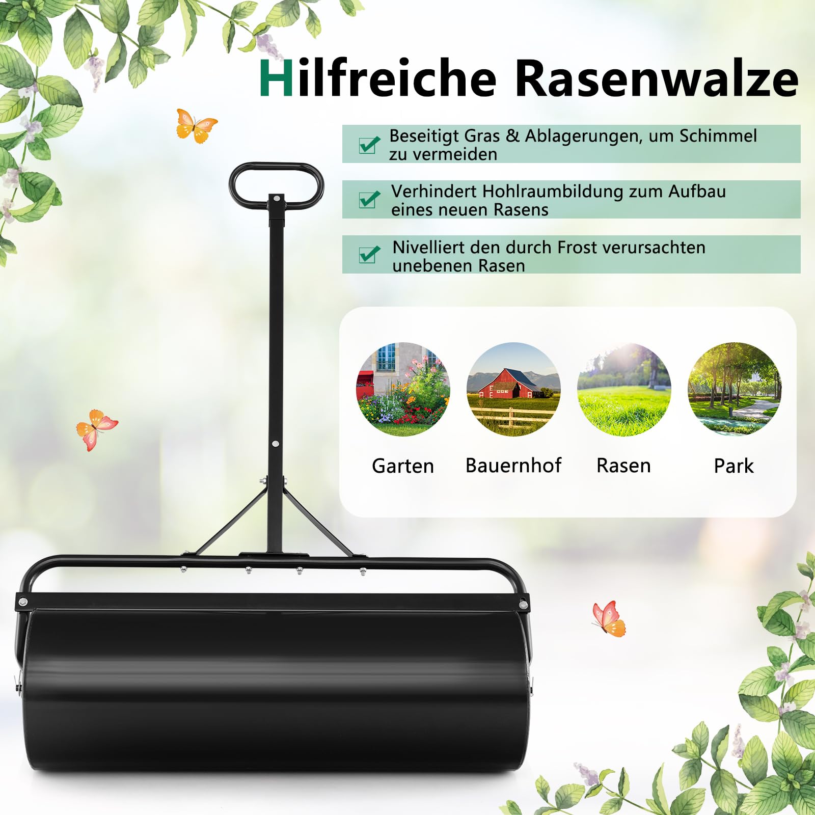 GOPLUS Rasenwalze 63/113L, 90cm Gartenwalze mit Schmutzabweiser, Handwalze befüllbar mit Wasser & Sand, Graswalze Rasenroller Ackerwalze für Garten & Park (Schwarz-113L)