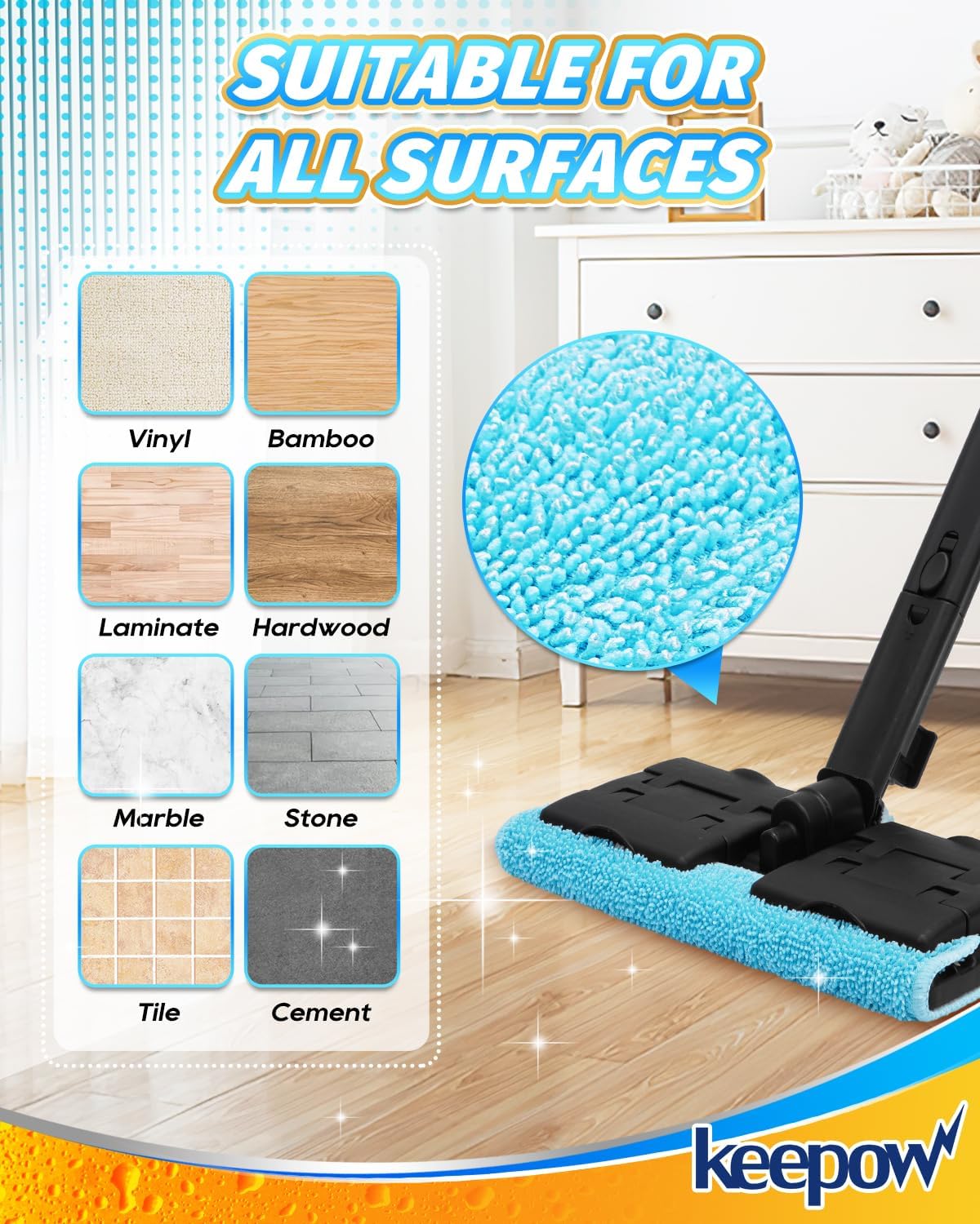 KEEPOW Reusable Microfiber Mop Pads Fit for Waitbird Steam Cleaner CB-03A, 4 Pack Microfiber Cleaning Replacement Pads for Hardwood Floor Cleaning & 4 Pack Ironing Cloths, (Mop is Not Included)