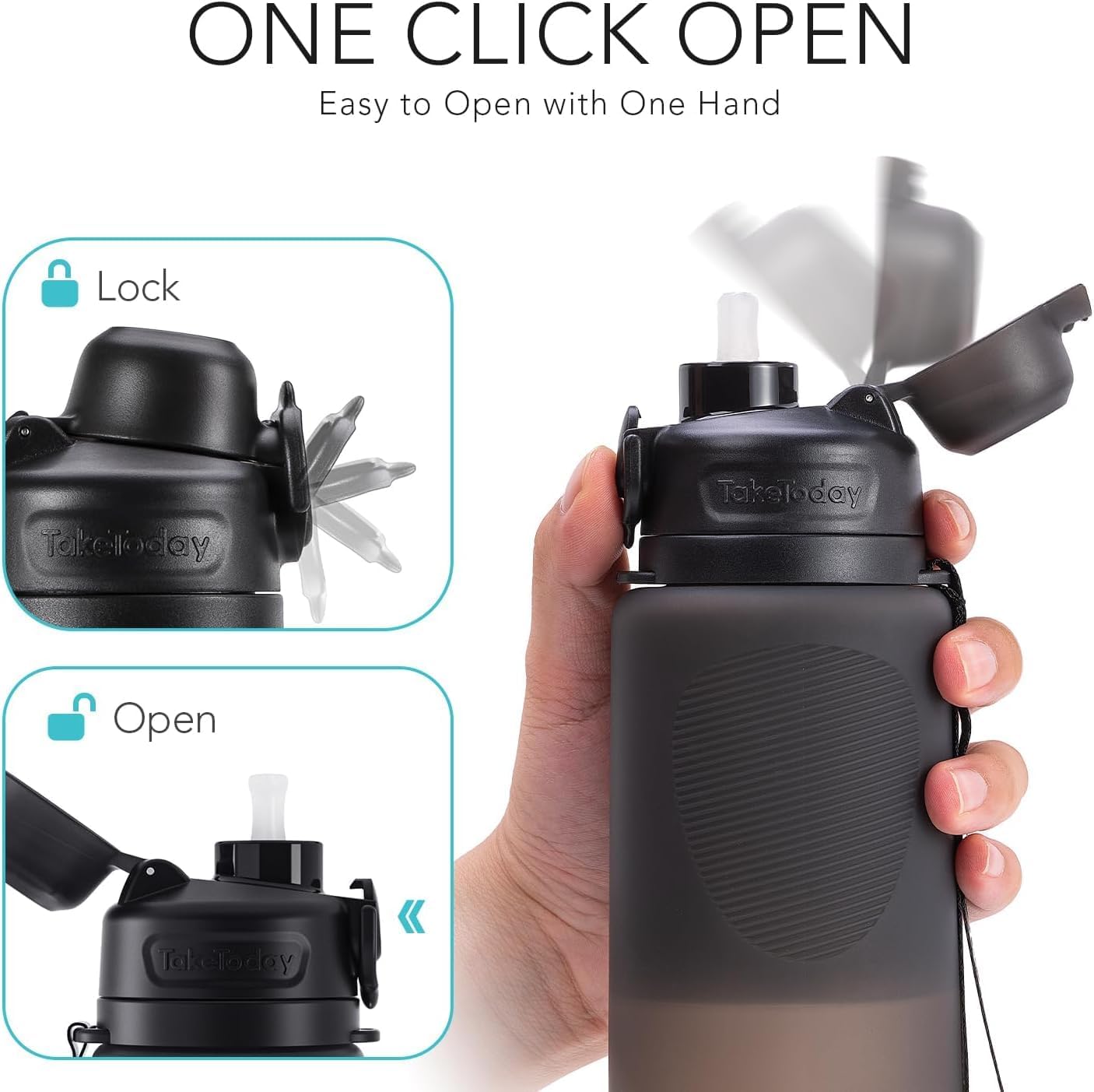 TakeToday Collapsible Water Bottles 32oz, Foldable Travel Bottle, TSA-Approved Leakproof Newly Silicone Water Bottle for Hiking, Travel, Outdoors, Black
