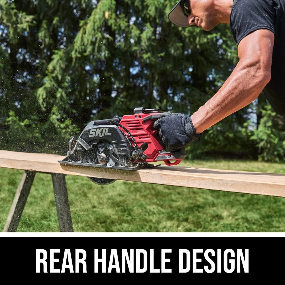 SKIL 2x20V PWR CORE 20 XP Brushless 7-1/4” Rear Handle Circular Saw Kit Includes Two 5.0Ah Batteries and Dual Port Auto PWR JUMP Charger-CR5429B-20, Red