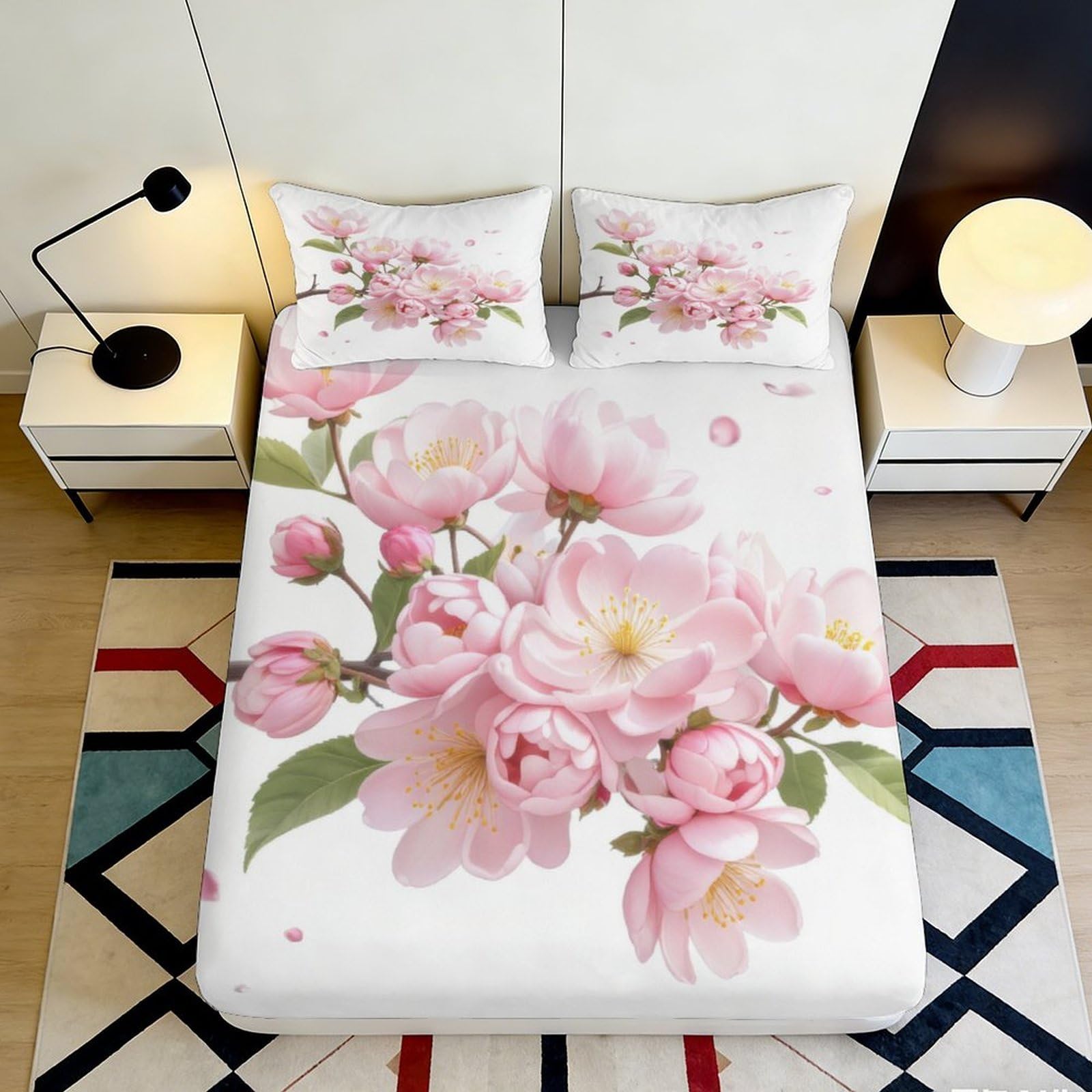 3D Printed Pink Peony Blossom Fitted Sheet Microfiber Soft Floral Mattress Cover for Bedroom Dorm Decor 90x200x25cm