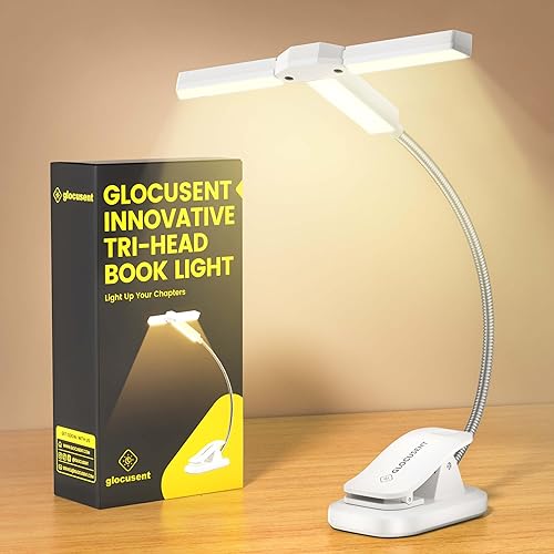 Glocusent Luz de libro de tres cabezales para leer por la noche, 3 colores y 5 niveles de brillo, luz de lectura recargable de 1000 mAh con