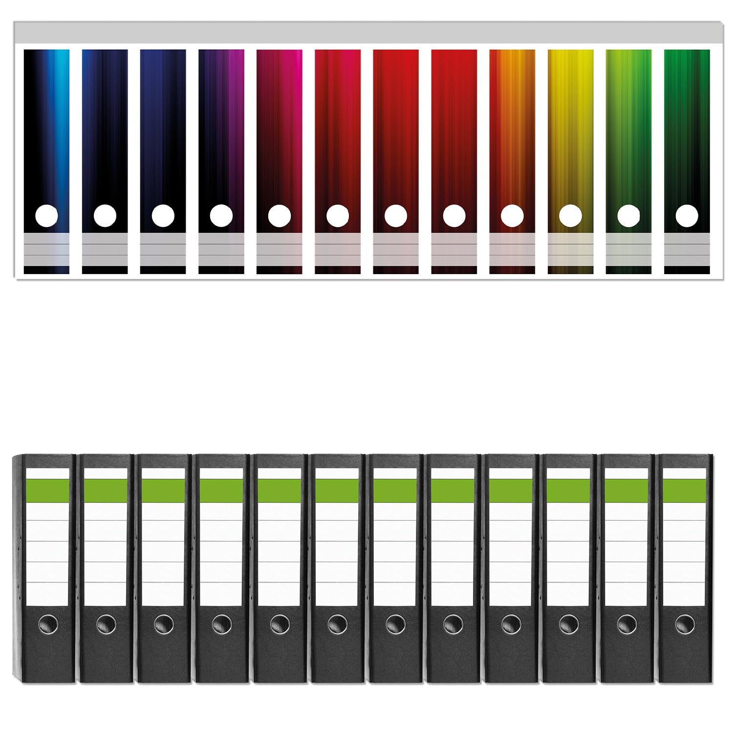Wallario 12 Stück breite Ordner inkl. Klebeetiketten mit Motiv Bunte Regenbogenstreifen auf Schwarz - Set mit Rückenschildern/Ordnerrücken Stickern
