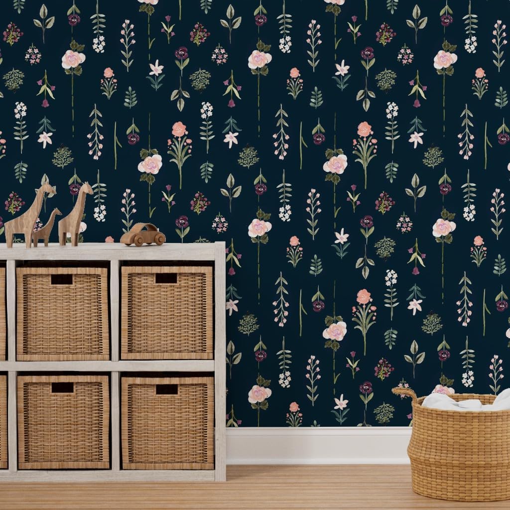 Removable Wallpaper 3ft x 2ft - Flower Midnight Floral Vintage Rose Blush Sage Custom Pre-Pasted Wallpaper by Spoonflower