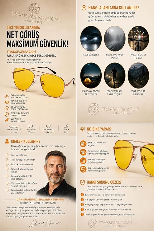Parlama Önleyici Gece Sürüş Gözlüğü - Anti-Fog Sis ve Far Işığı Engelleyici Sarı Camlı Metal Rose Çerçeveli Sürüş Görüş Gözlüğü 721853