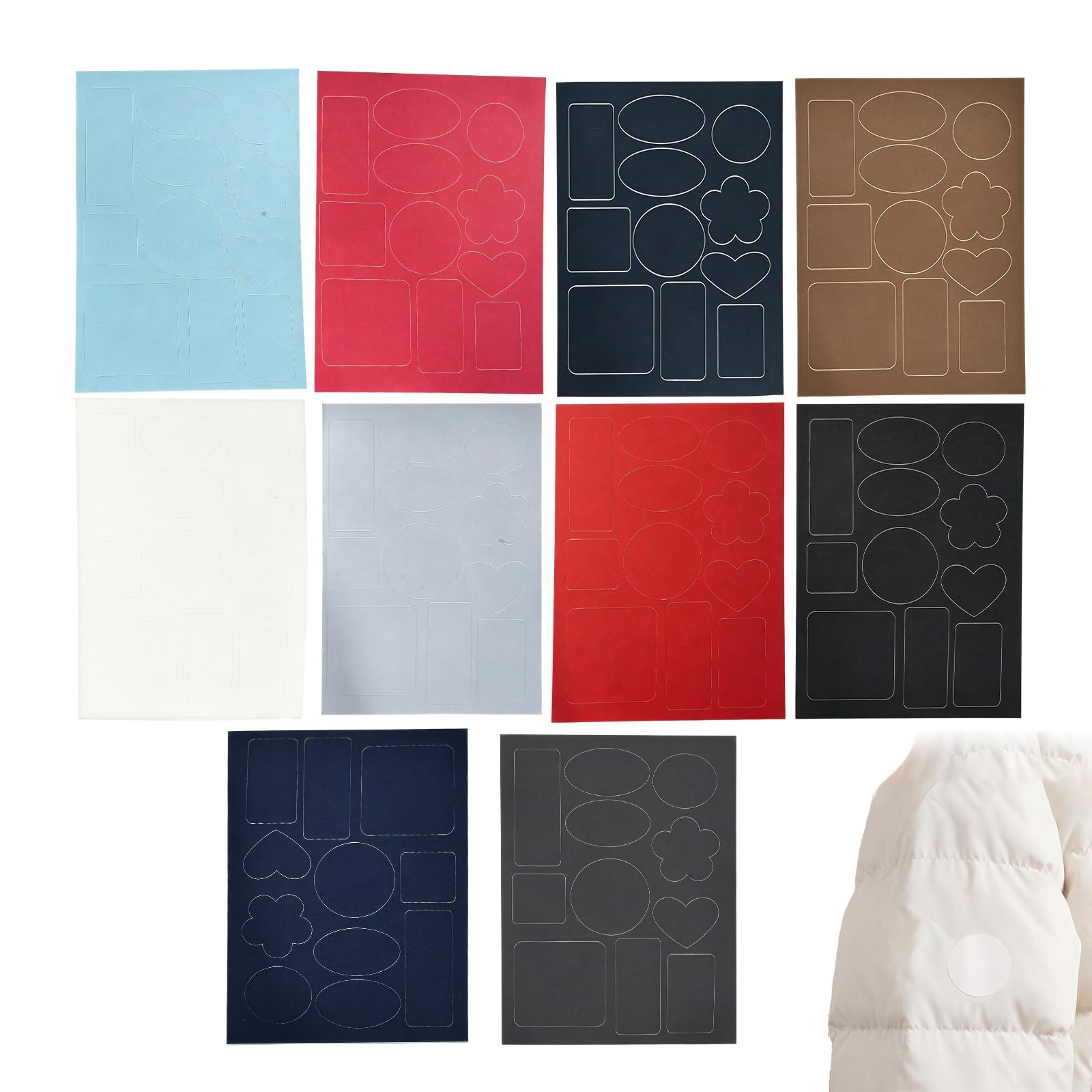 10 Stück Selbstklebende Nylon Flicken, 10 Blatt Daunenjacke Reparaturset in Mehreren Farben - Ideal zur Reparatur von Jacken, Westen, Oberbekleidung und Schlafsäcken