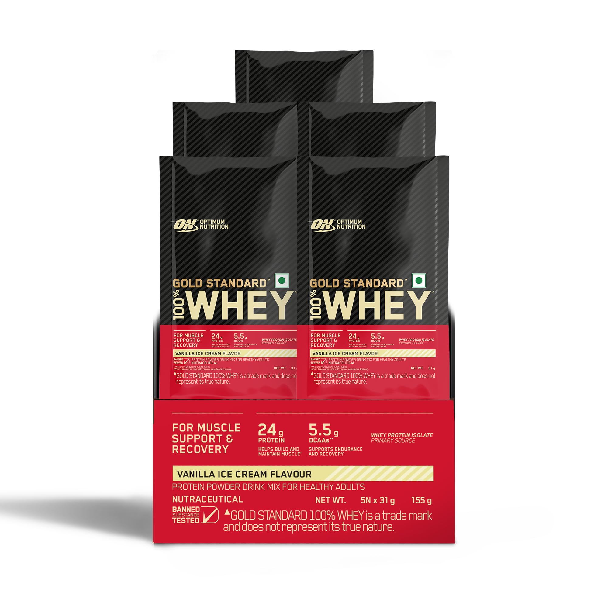 Optimum Nutrition (ON) Gold Standard 100% Whey Protein - 5 X 31 g (Vanilla Ice Cream) Single Serve Sachets, for Muscle Support & Recovery, Vegetarian - Primary Source Whey Isolate