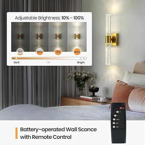 Miniatura 4 de Juego de 2 apliques de pared dorados que funcionan con pilas, juego de 2 apliques de pared inalámbricos recargables con control remoto, moderna