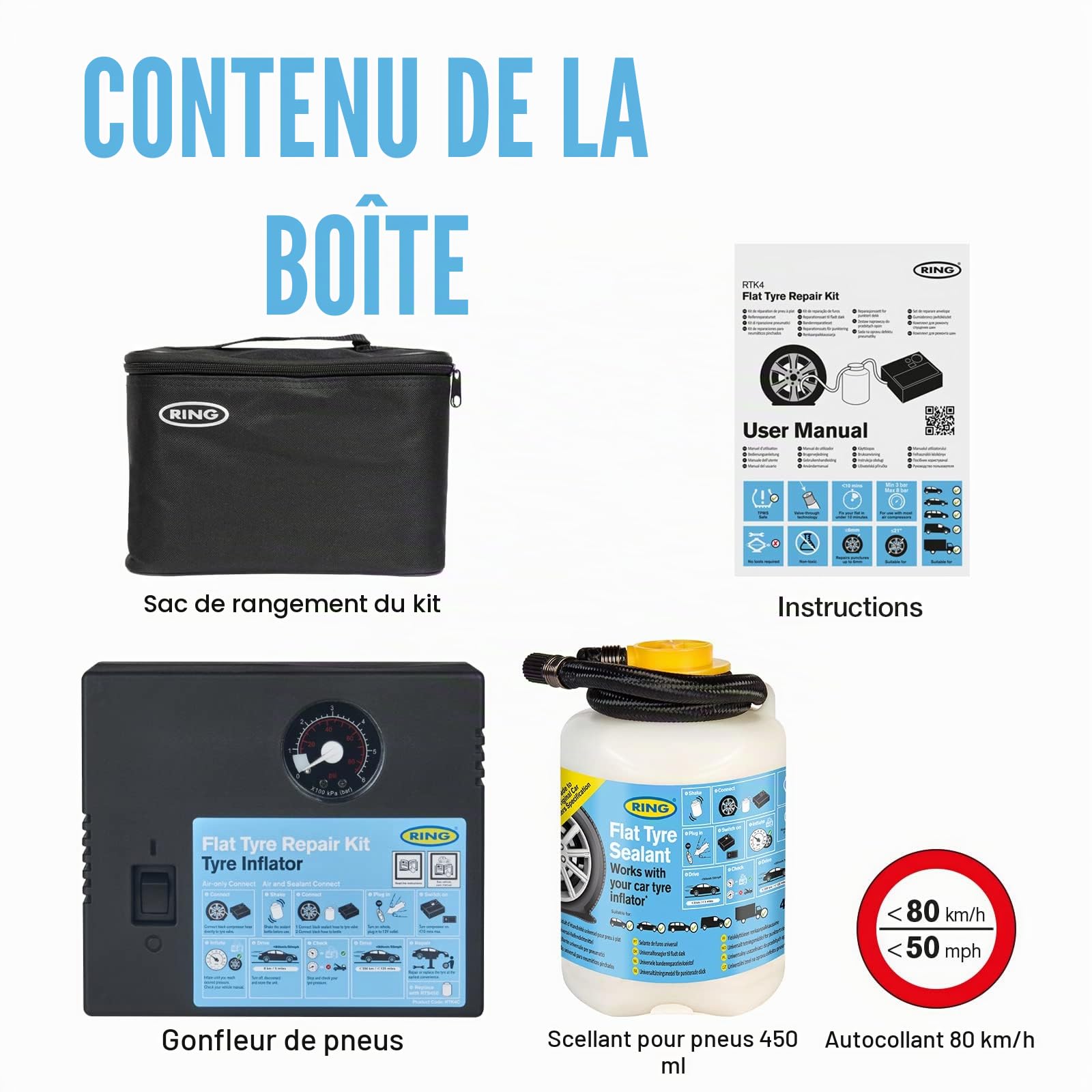 Ring Kit de réparation de crevaison pour Voiture – Mastic et gonfleur de Pneu Inclus
