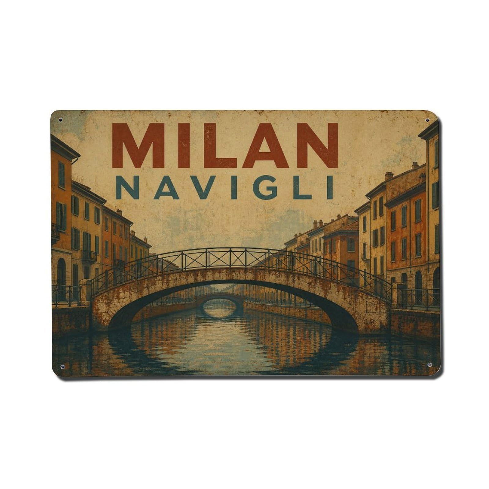 Huiyhb 8X12inch(20X30cm) Vintage Travel Milan Navigli Canal Bridges Italy Metal Tin Sign
