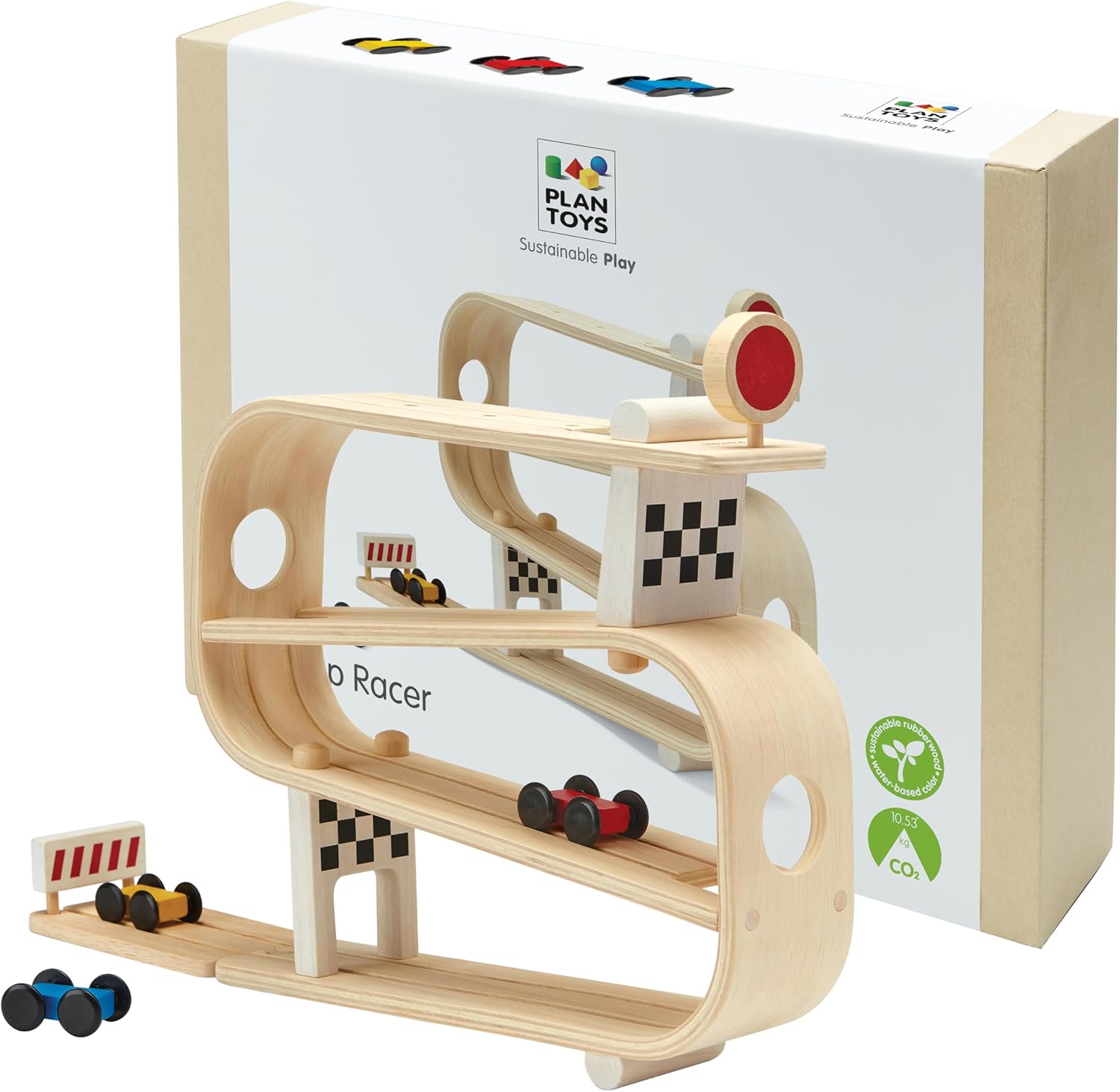 PlanToys® Wooden Ramp Racer for Kids | Montessori Inspired Car Ramp Toy with 3 Racing Cars | Eco Friendly Toddler Toy for Motion Play, Coordination & Cause and Effect Learning