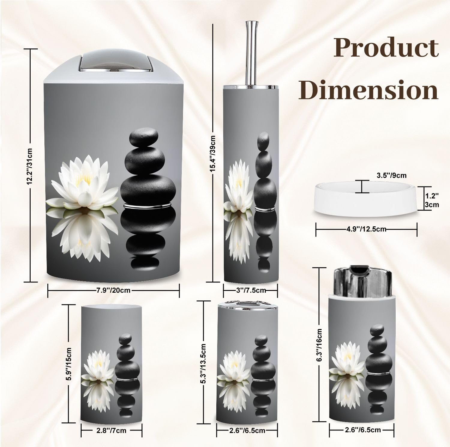 Bathroom Accessory Set 6 Piece Zen White Lotus Black Zen Stones Yoga Spa Spiritual Room Lotus Trash can, Toothbrush Holder, Soap Dispenser, Soap Dish, Toothbrush Cup, Toilet Brush Holder