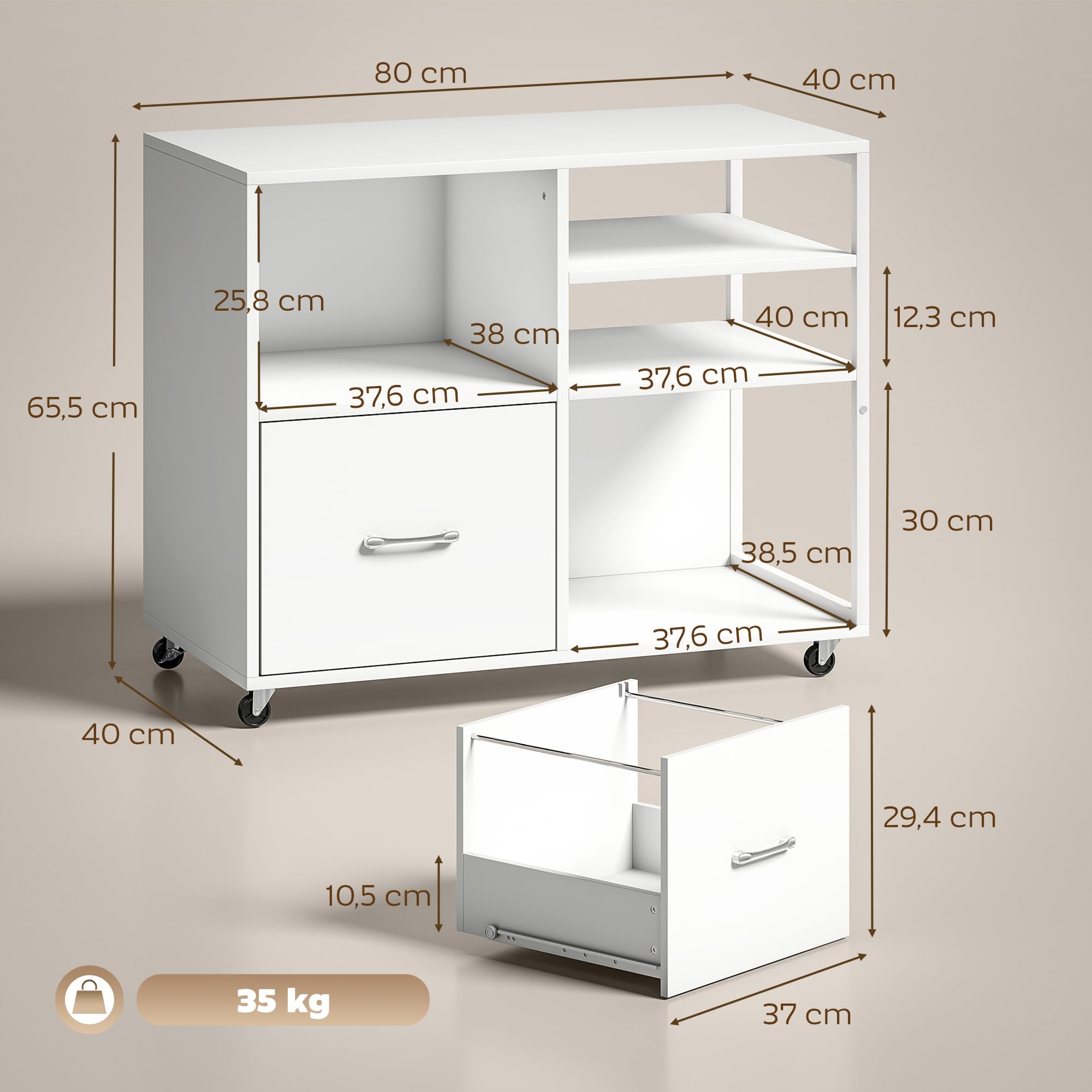 HOMCOM Mueble para Impresora con Ruedas, Mesa para Impresora con Estantes Abiertos y Cajón para Documentos Tamaño A4 y Carta, Archivador Móvil para Oficina en Casa, Blanco