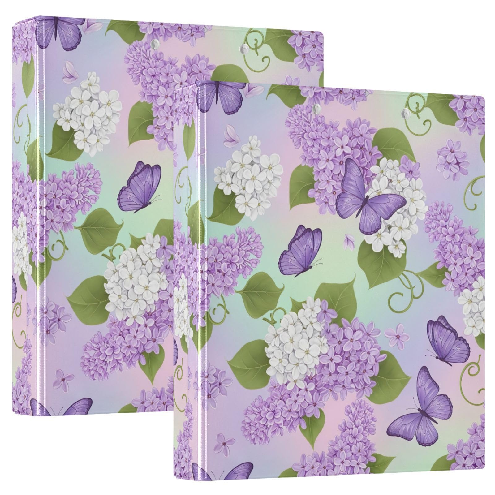Carpeta de 3 anillas, flores blancas, pétalos morados, carpeta de anillos en D, paquete de 2 | Con portapapeles y bolsillos, para escuela, universidad, oficina