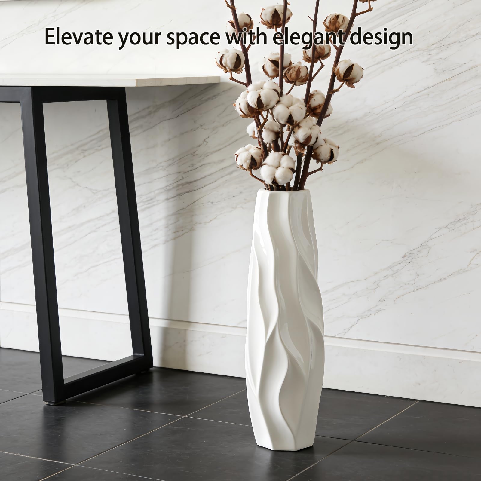 Weiße Bodenvase aus Keramik, 45 cm Groß, Minimalistische Dekovase für Blumen, Pampasgras, Für Wohnzimmer, Büro und Schlafzimmer