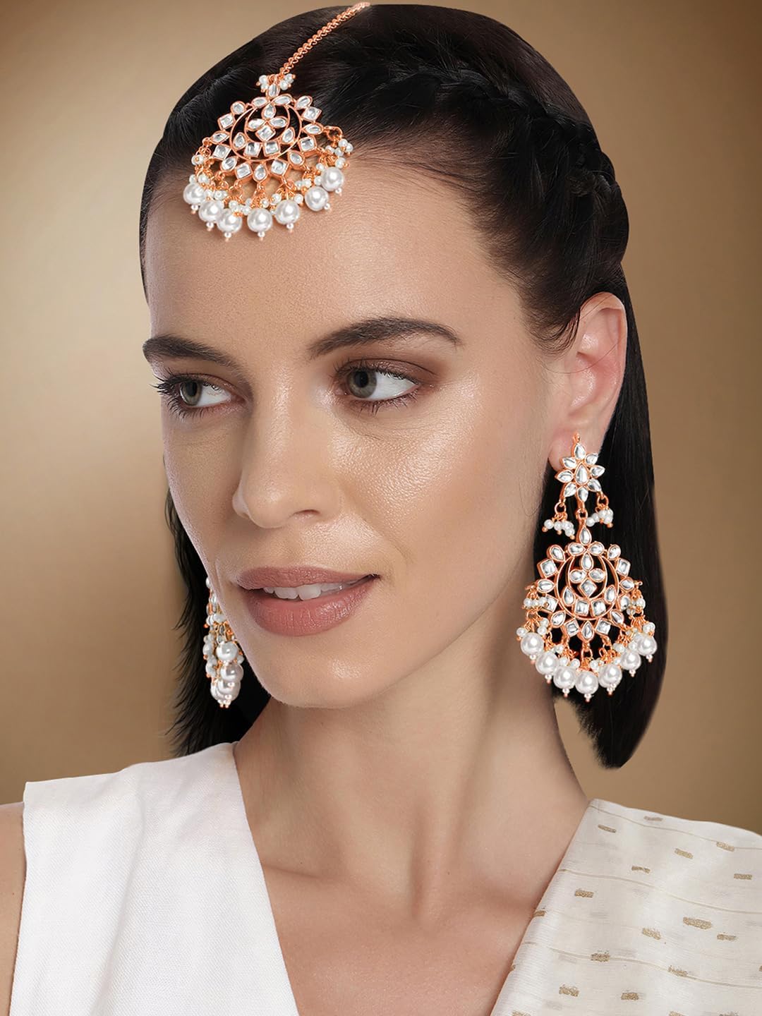 Aheli Indian Traditional Bollywood Faux Kundan Pearl Wedding Chandbali Earrings with Maang Tikka Jewelry Set Gift for Women
