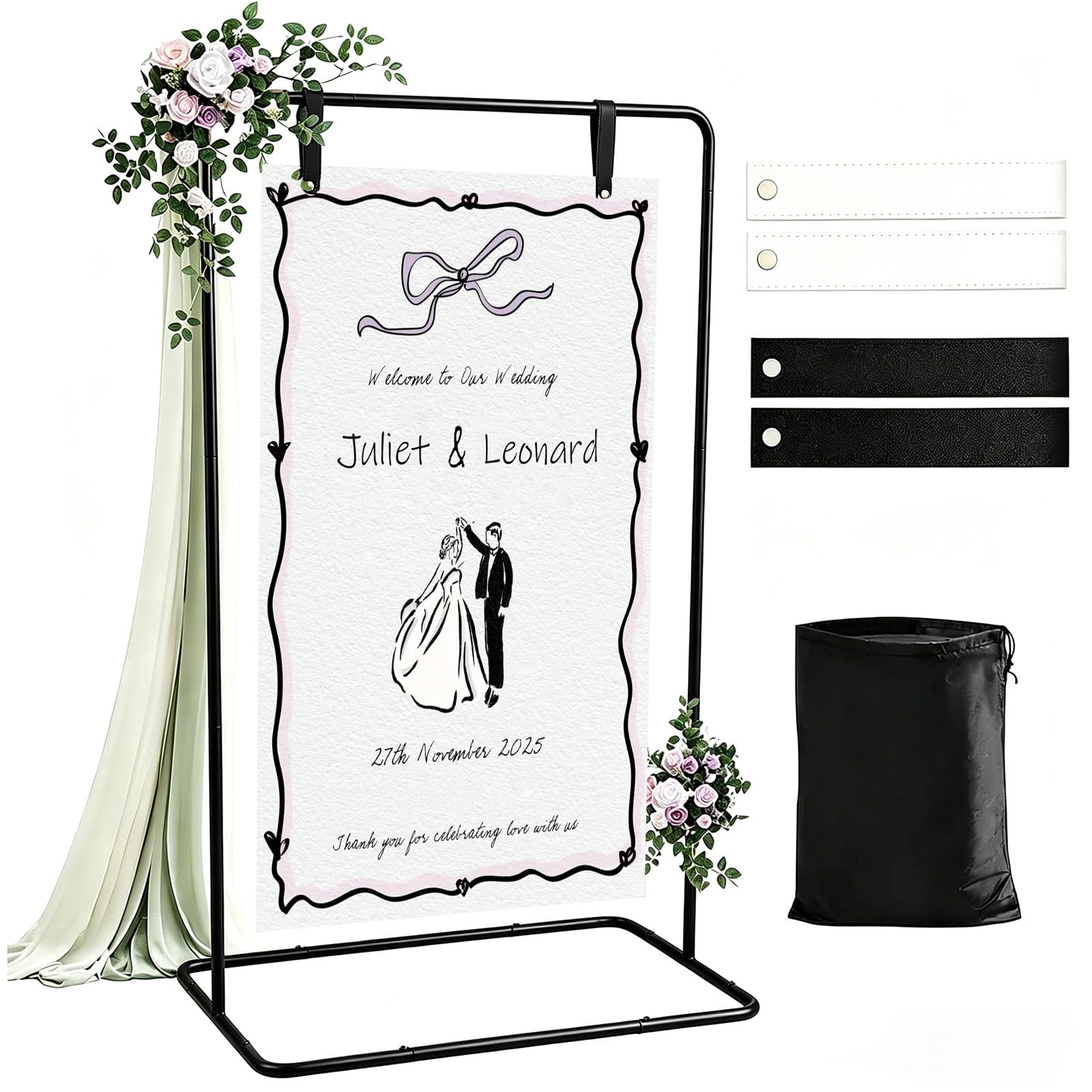 Hochzeits-Willkommensschild-Halter 173x80x50cm mit 4 Lederriemen, Hochzeitsschild-Ständer für Schilder, Poster, Sitzplan, Schwarz