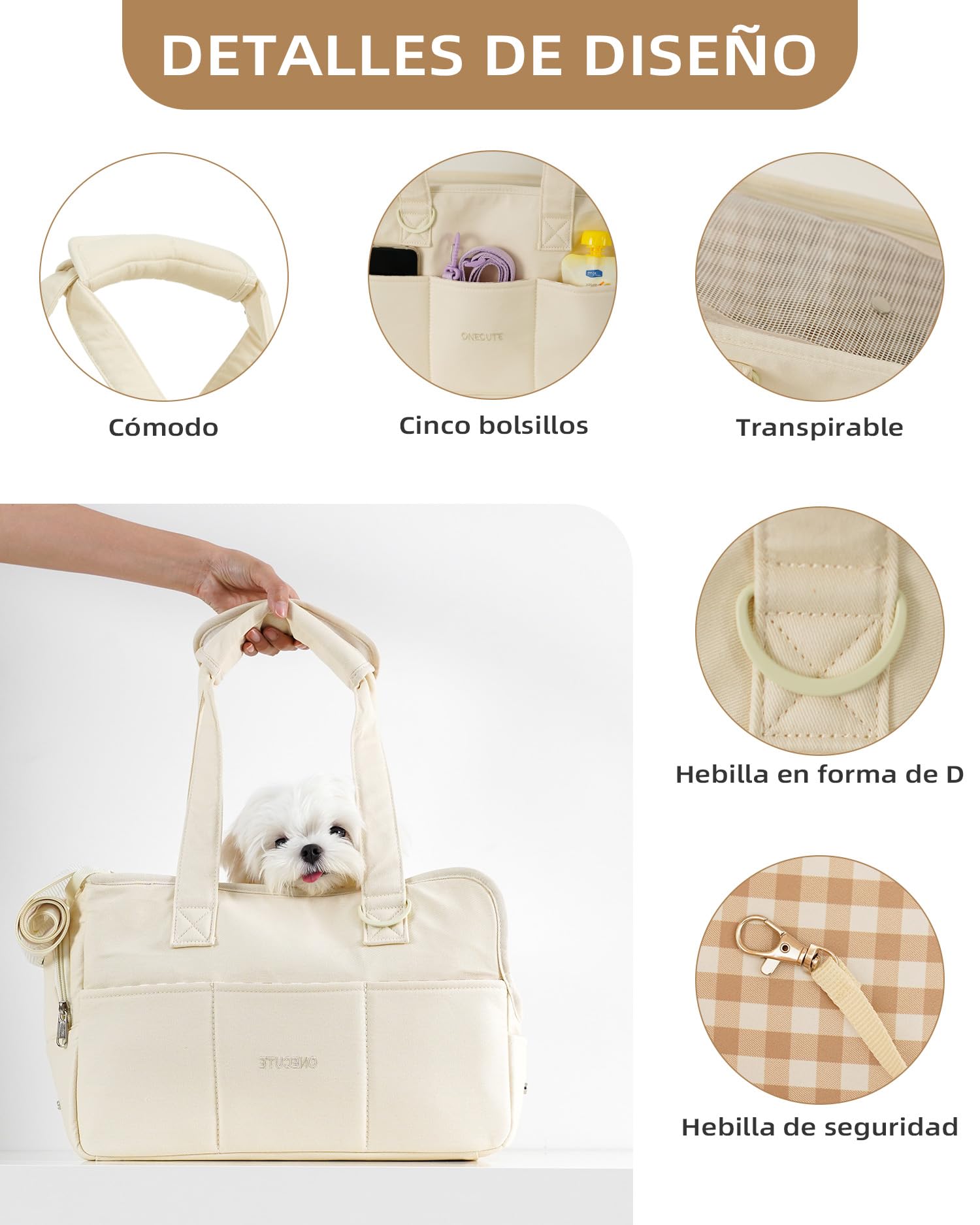 ONECUTE Transportín para Perro y Gato, Bolsa Transporte Plegable para Mascotas Pequeñas, Viajes Cómodos, Soporta 3 kg (Small, Beige)