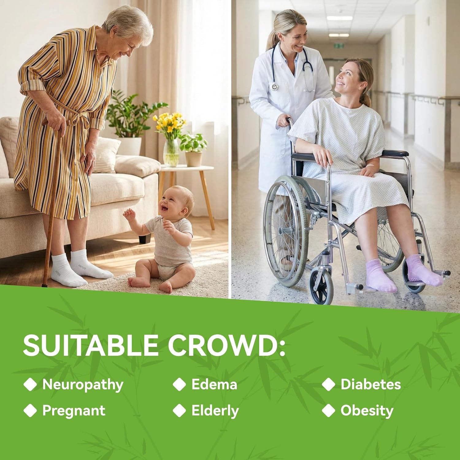 Hellomamma Diabetic Grippy Socks for Women: Non Slip Wide Low Cuff Bamboo Socks for Elderly Hospital Recovery Care 6 Pairs