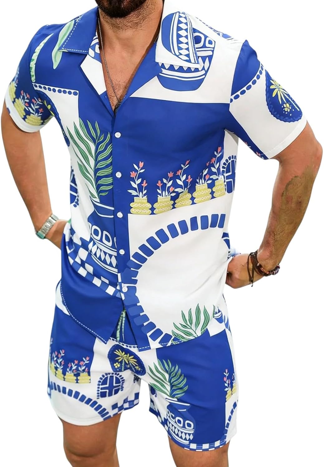 Mens Hawaiian Floral Print Summer Beach Outfits Short Sleeve Collared Shirt Drawstring Shorts Two Piece Set 2026