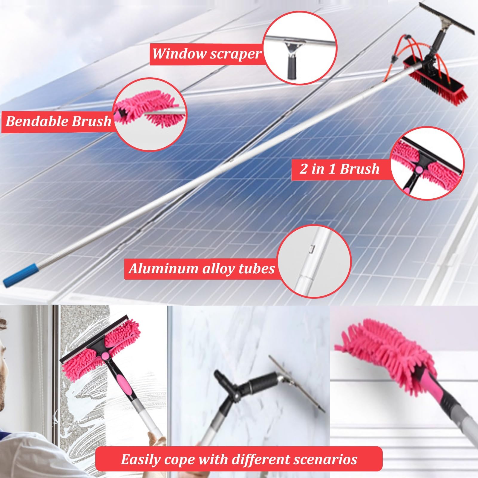 Kit de pértiga Extensible Ligera con Suministro de Agua para la Limpieza de Paneles solares. Cepillo telescópico de 8 m para Ventanas, techos y Cristales Exteriores. Herr
