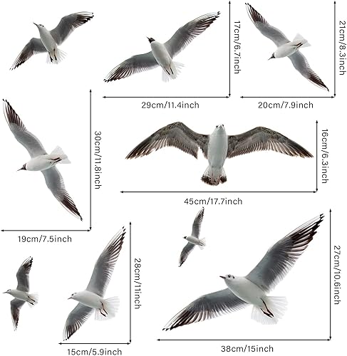 Miniatura 10 de Calcomanías de pared de gaviota 3D para despegar y pegar, calcomanías de vinilo para decoración de pared de pájaros marinos voladores para sala de